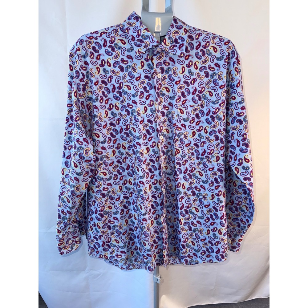 Alan Flusser Mens Large Light Blue Paisley Cotton Long Sleeve Button Front Shirt